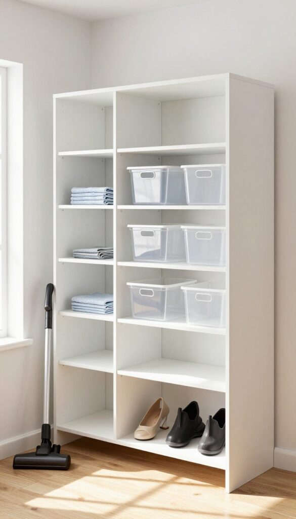 Clean closet floor and shelves with storage bins and vacuum