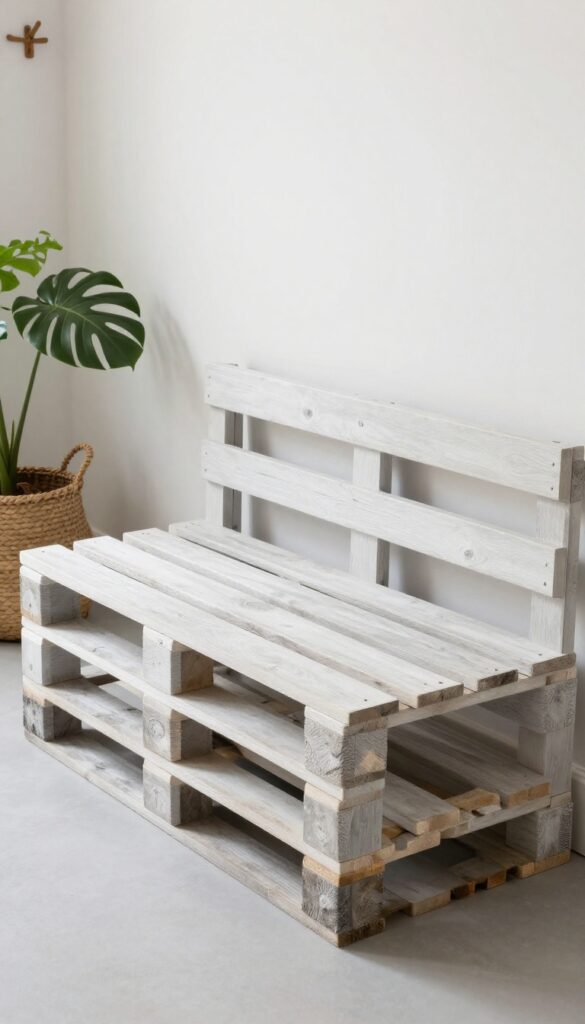 DIY pallet bench with built-in dog bed slot in a bright entryway