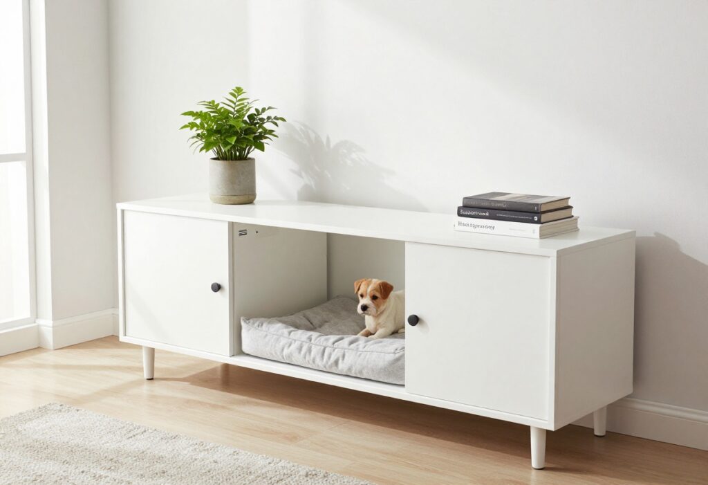 Built-in dog crate furniture in a modern living room with a plant and books on top
