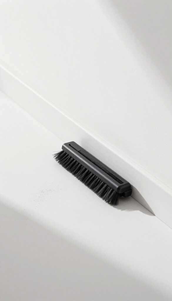 Vacuum brush attachment cleaning a white baseboard in bright natural light