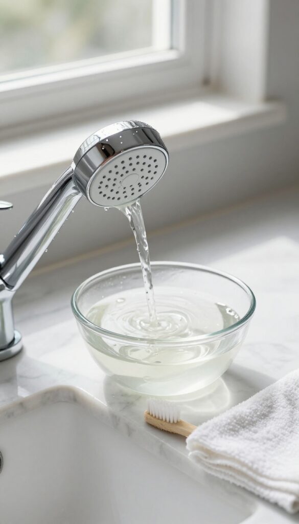 Showerhead and faucet soaking in white vinegar for mineral removal