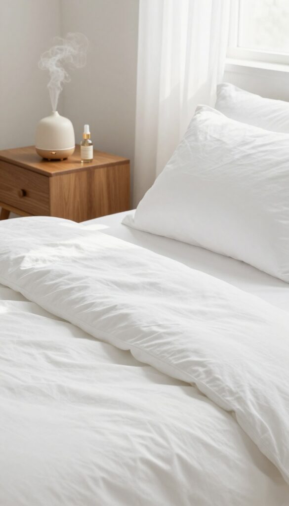 A clean bedroom with an essential oil diffuser and linen spray on a bedside table, creating a calm and fresh atmosphere.