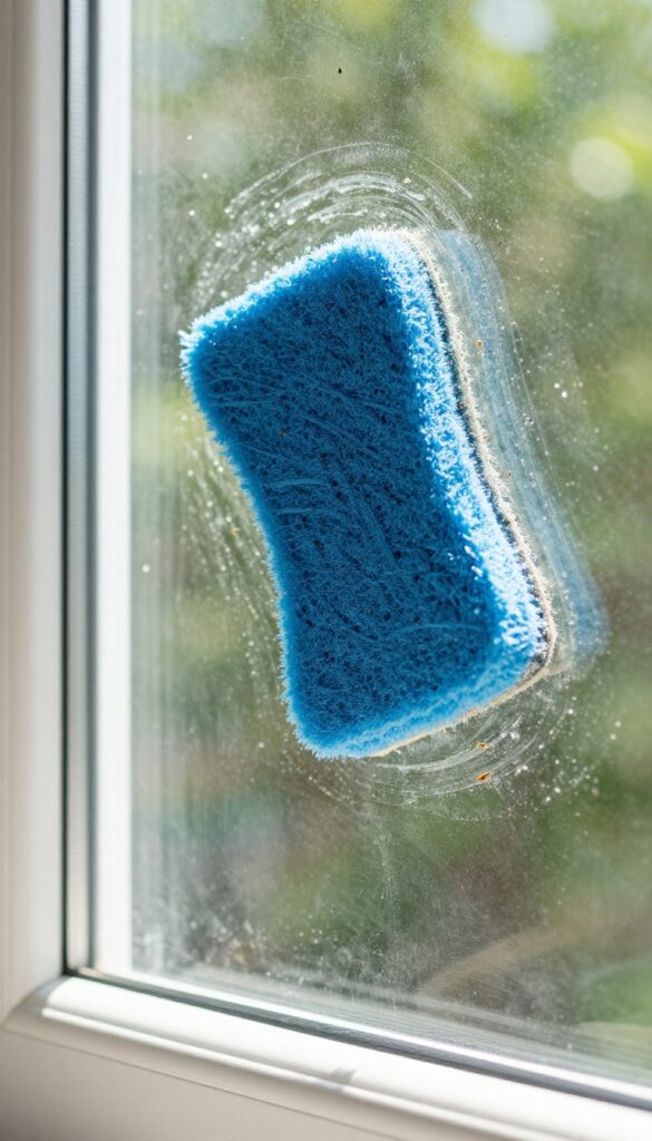 Hand scrubbing a dirty window with a soft scrubber, removing grime and bugs in bright sunlight