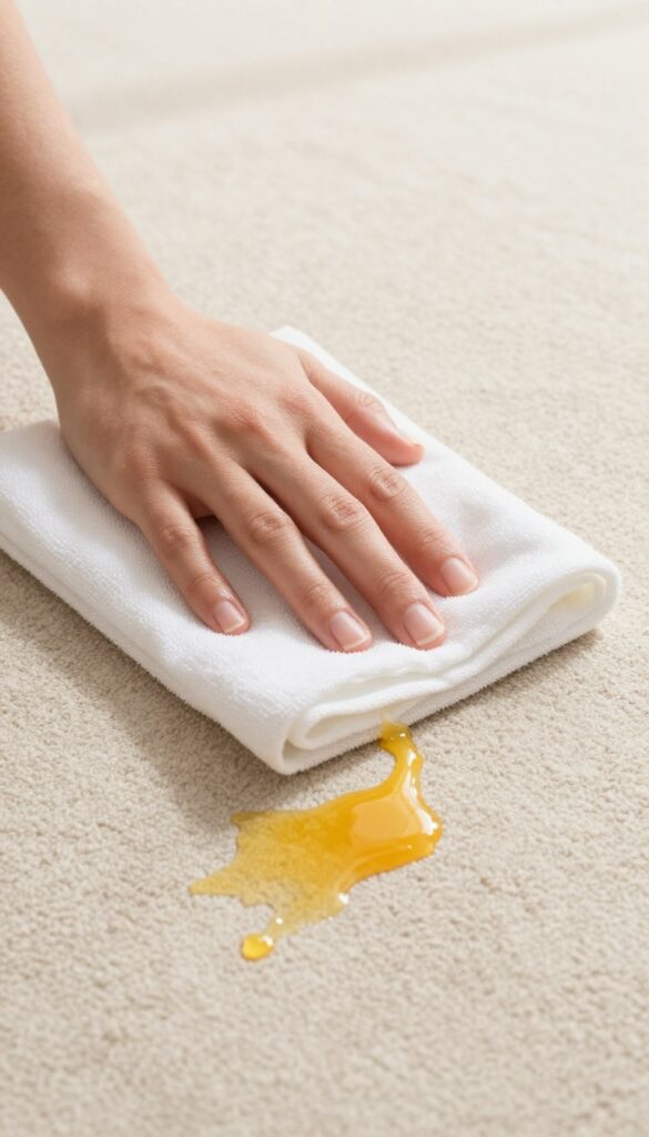 Blotting a juice stain on carpet with a white cloth