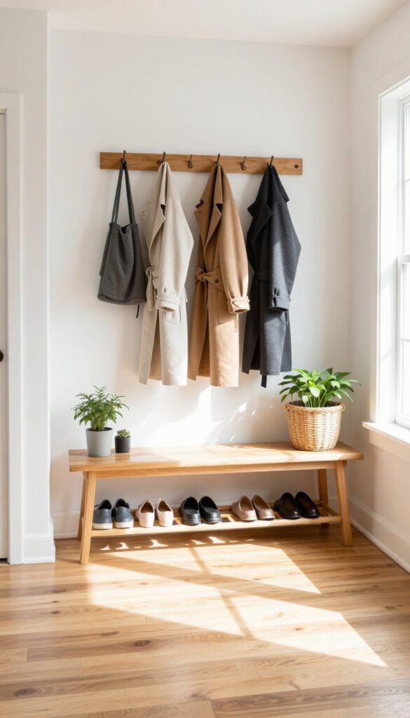 Clean and organized entryway with bench, hooks, shoe rack, and plant in natural light