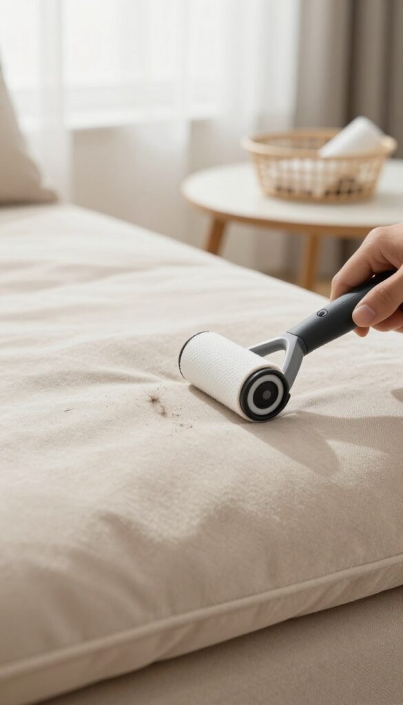 Using a lint roller on a microfiber sofa cushion to remove pet hair and dust in bright natural light