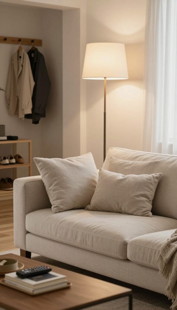 Cozy living room with tidy sofa and organized entryway in evening light