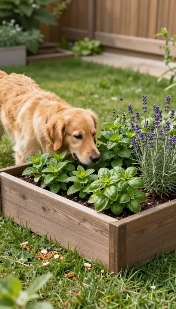 Dog sniffing herbs in a scent garden with a snuffle mat on grass