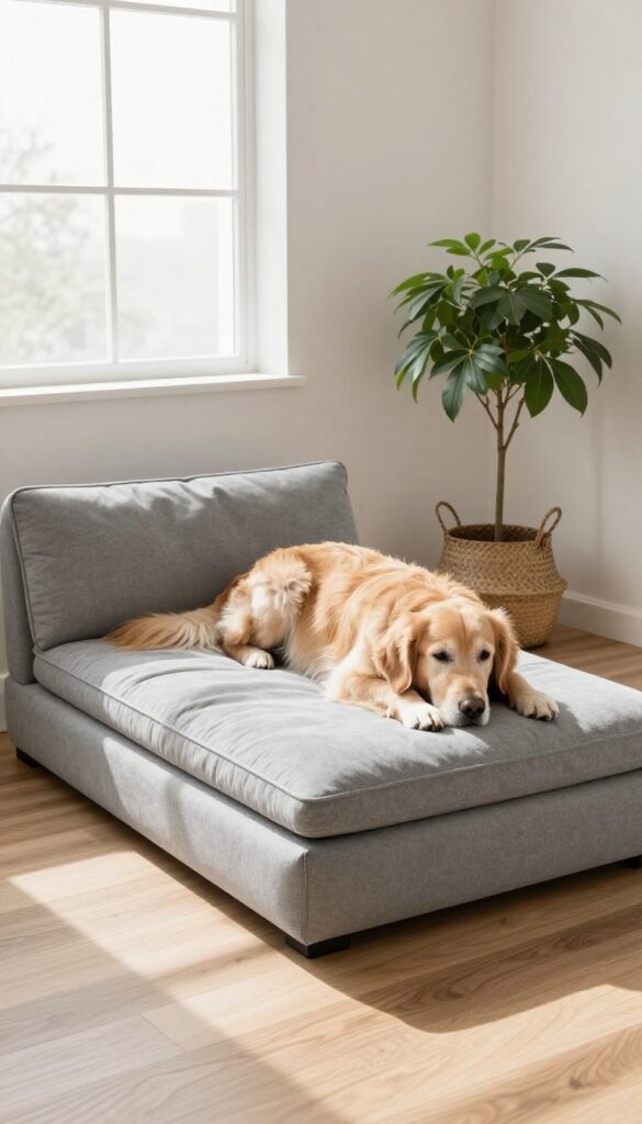 Senior golden retriever resting on an orthopedic memory foam dog bed in a sunlit living room