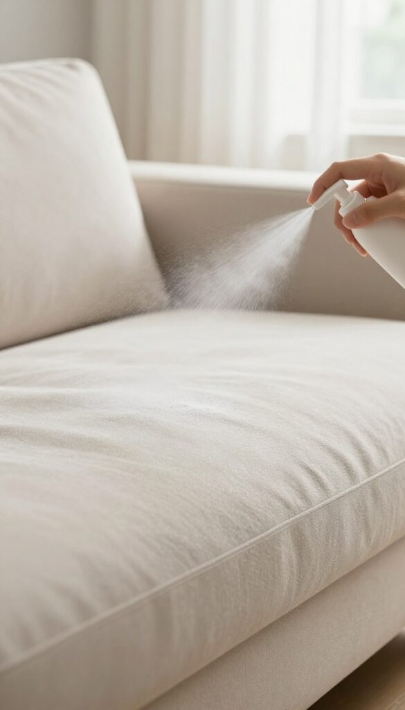 Hand spraying fabric protector on a clean sofa cushion in bright natural light