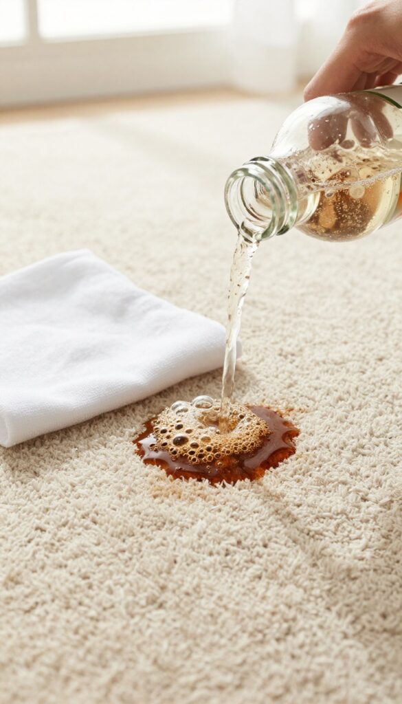 Club soda being poured onto a coffee stain on a beige carpet, with bubbles and a white cloth nearby.
