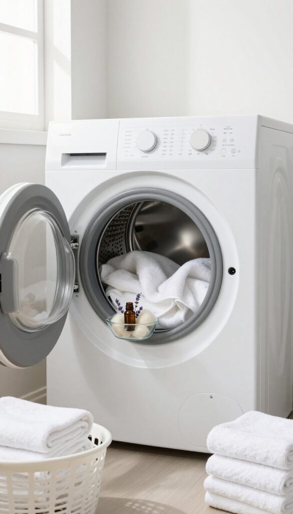 Fluffy white towels in an open dryer with wool dryer balls and lavender essential oil on top, natural light, clean laundry room setting
