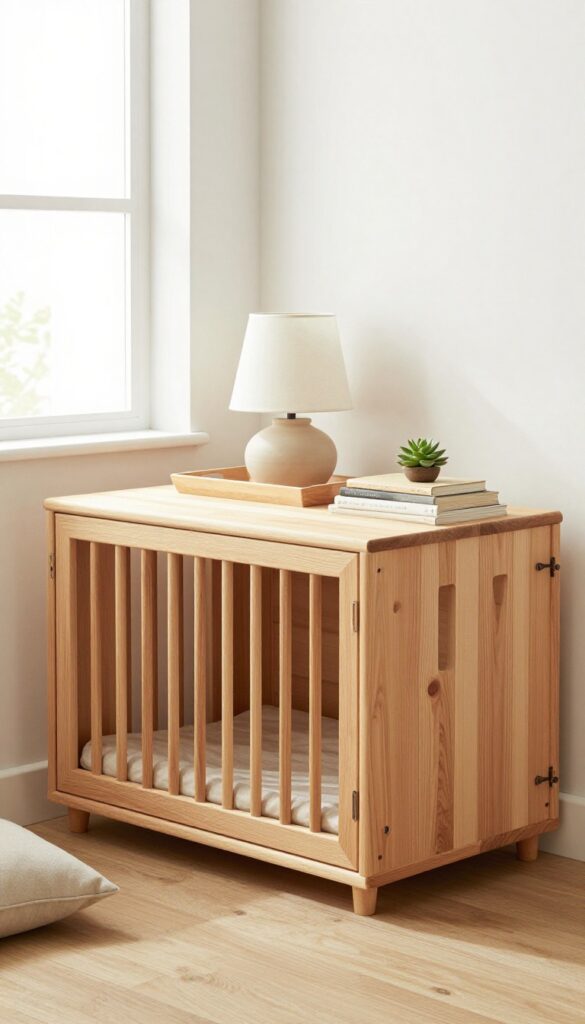 Dog crate with tray, lamp, books, and cushion on top, styled as a side table in a bright living room