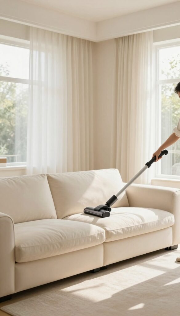 Person vacuuming upholstery on a sofa with an attachment in a bright living room with curtains