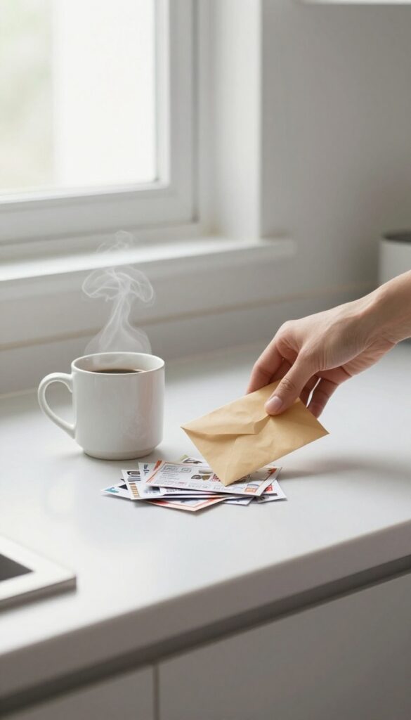 Hand placing an envelope into a recycling bin on a clean kitchen counter with a coffee mug and mail