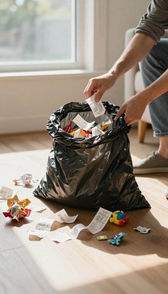 Person cleaning a messy living room by picking up trash with a garbage bag