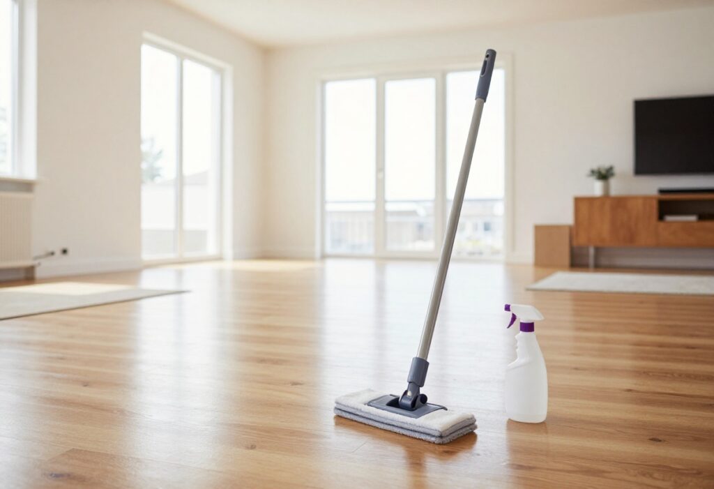 Clean hardwood floor with a microfiber mop and spray bottle in a sunlit living room