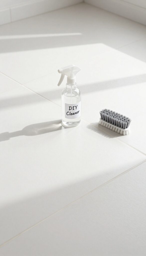 DIY grout cleaner spray bottle and brush on a clean tile floor