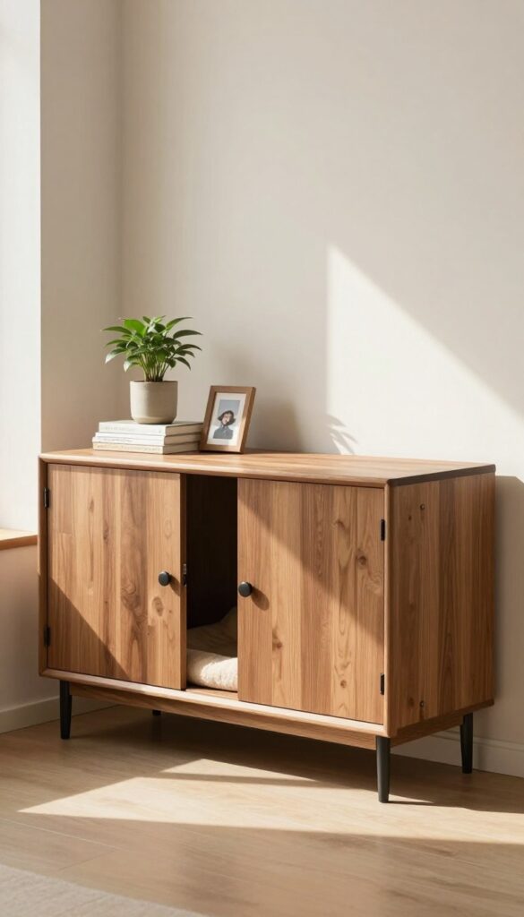 A credenza dog crate disguised as a stylish cabinet in a bright living room with decor on top.