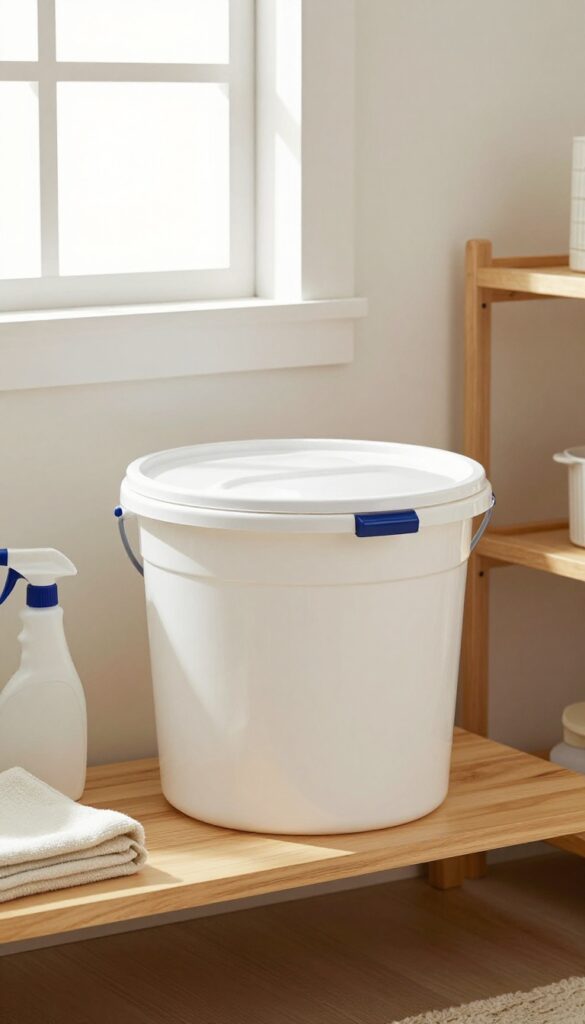 A white bucket with lid and handle on a shelf in a bright laundry room, surrounded by spray bottles and cloths.