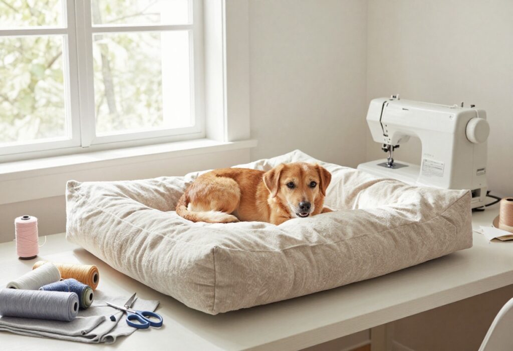 A DIY dog bed made from fabric sits on a sewing table with a sewing machine and supplies nearby, and a dog rests on the bed.