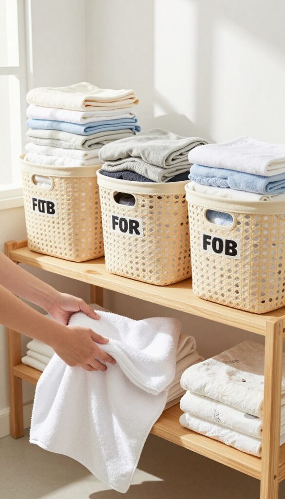 Laundry room with sorting baskets and folded clothes in bright natural light