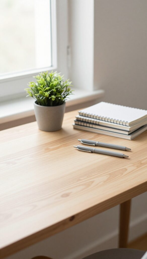 A tidy desk with seasonal supplies, plant, and notebooks in natural light