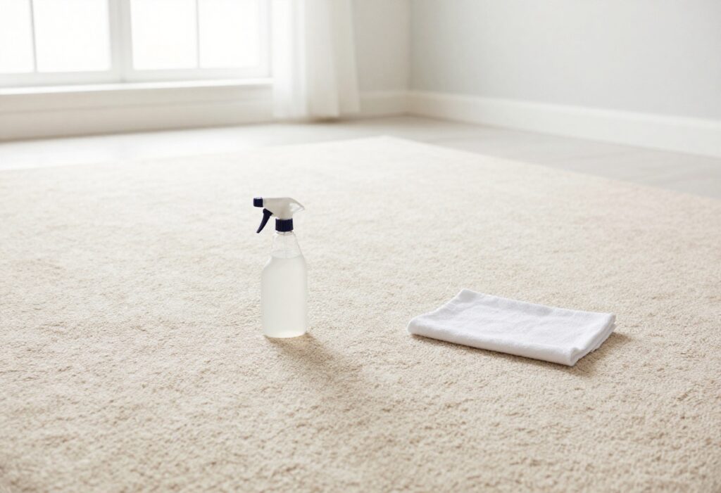 Carpet cleaning supplies on a beige carpet in a sunlit living room