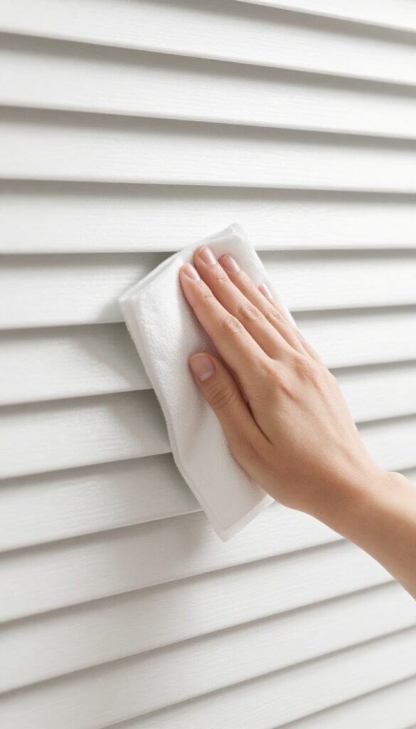 Hand wiping a faux wood blind slat with a used dryer sheet in natural light