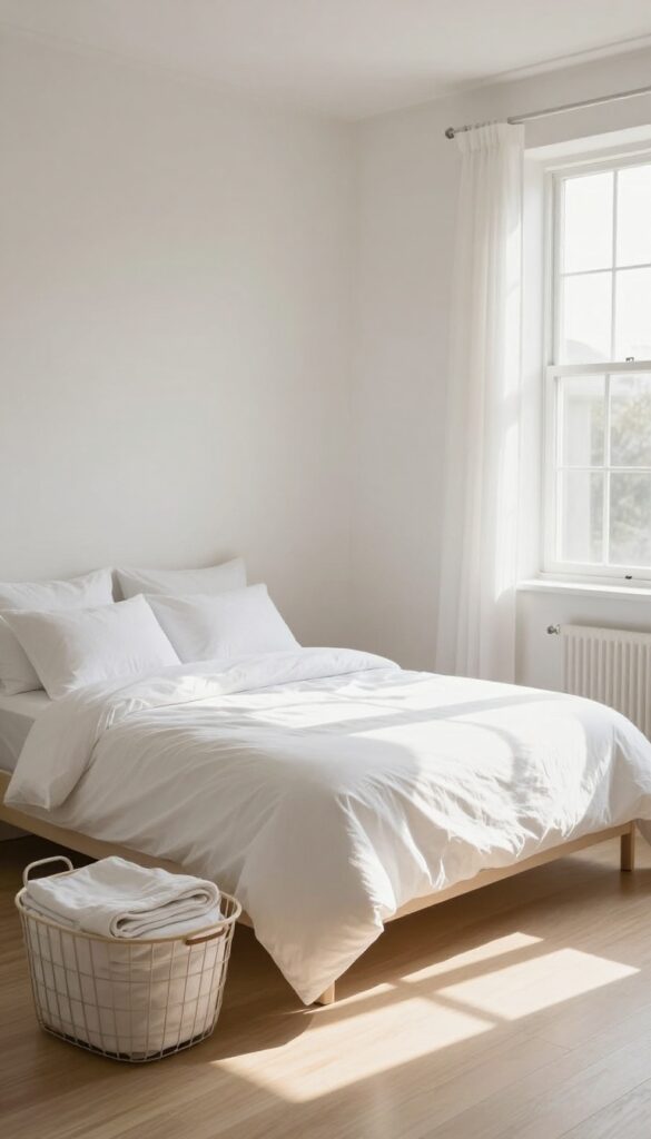 Freshly made bed with white bedding in a sunlit bedroom, laundry basket with clean linens nearby