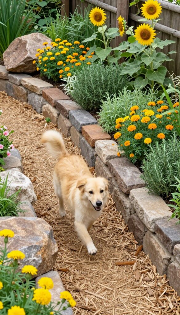 Natural landscaped dog run with dog-safe plants, stone edging, and mulch