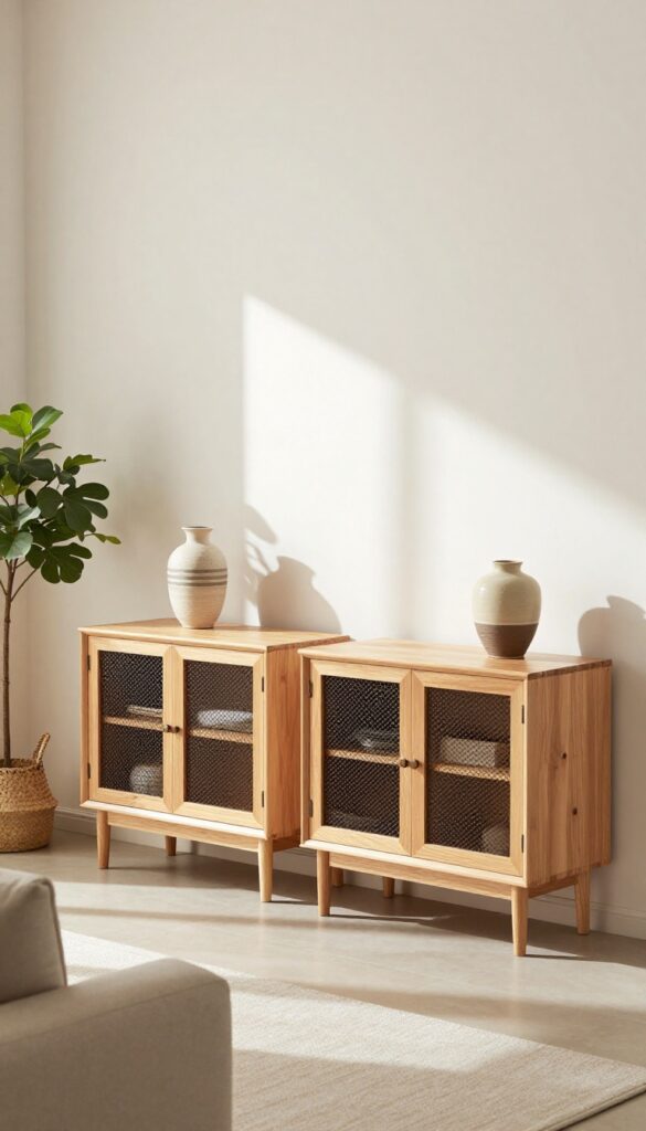 Furniture-style kennel cabinets in a bright living room, blending seamlessly with decor.