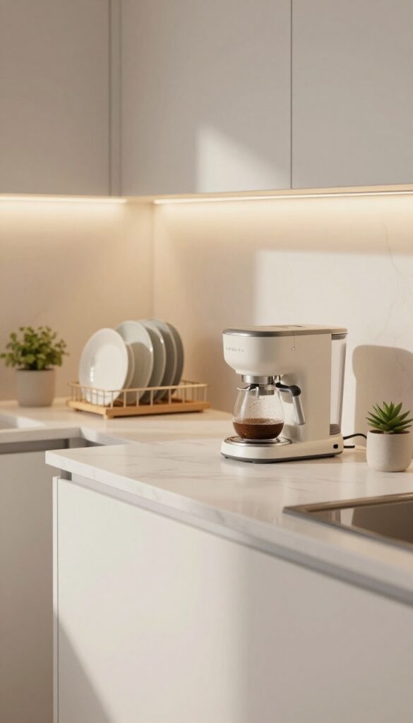 Clean kitchen counter with coffee maker set up for morning, dishes drying, and a plant, warm evening light