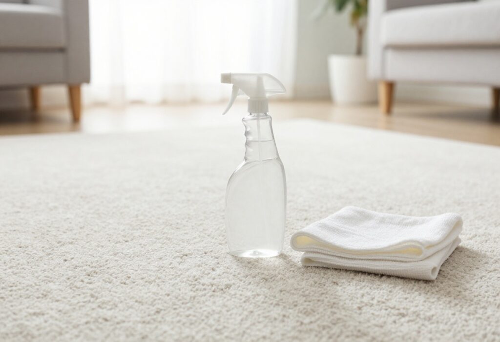Clean carpet with cleaning supplies on top