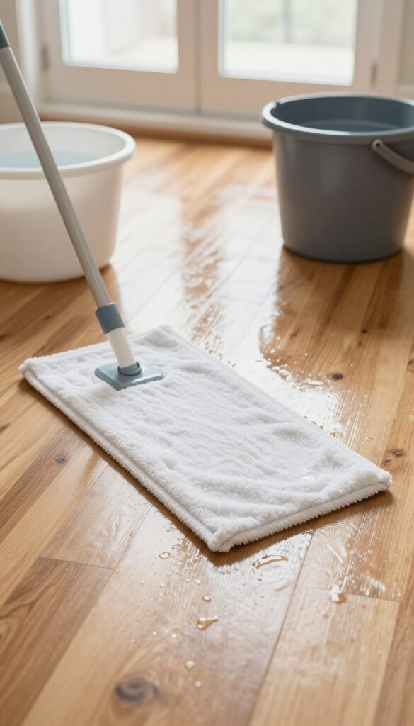 Mopping hardwood floors with a microfiber flat mop in bright natural light