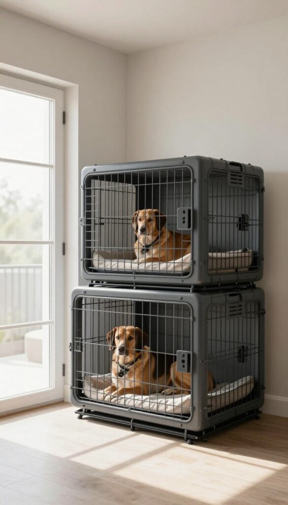 Two stacked heavy-duty plastic dog crates in a bright living room, one with a dog resting inside
