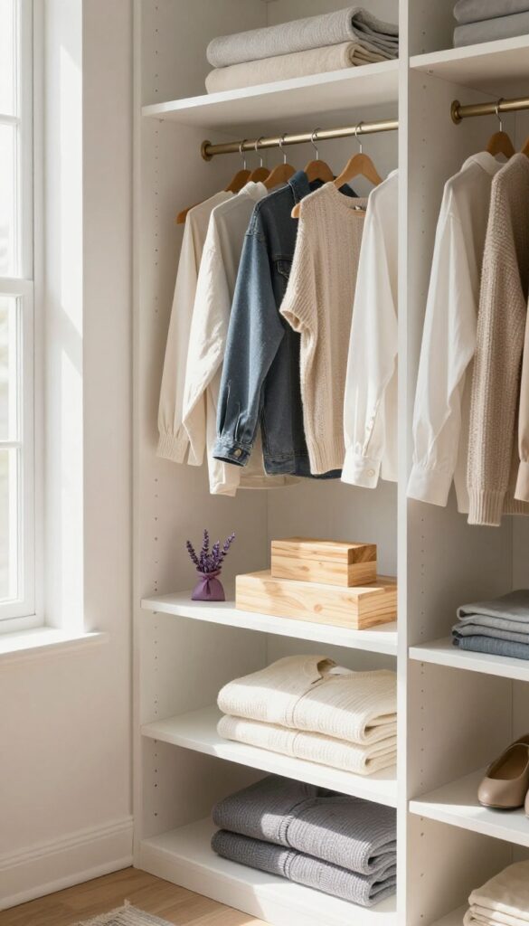 A fresh-smelling closet with cedar block and lavender sachet on a shelf