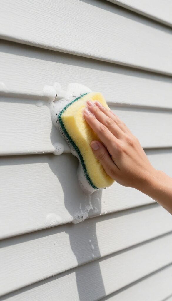 Close-up of a hand cleaning white vinyl siding with a sponge, revealing a crack and warped panel, bright sunlight.