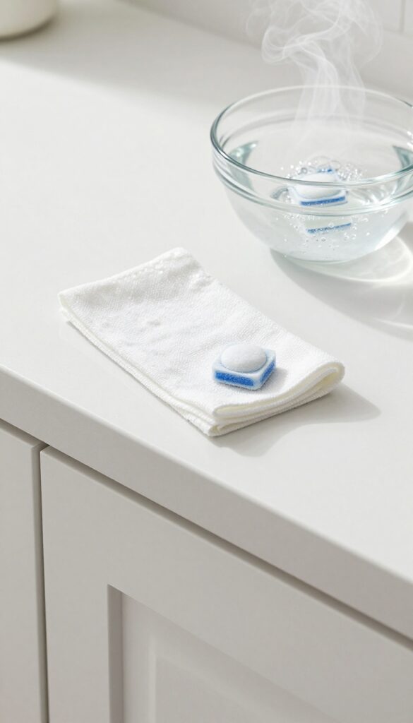 A person wiping a kitchen cabinet with a cloth while a dishwasher tablet dissolves in a bowl of hot water nearby.