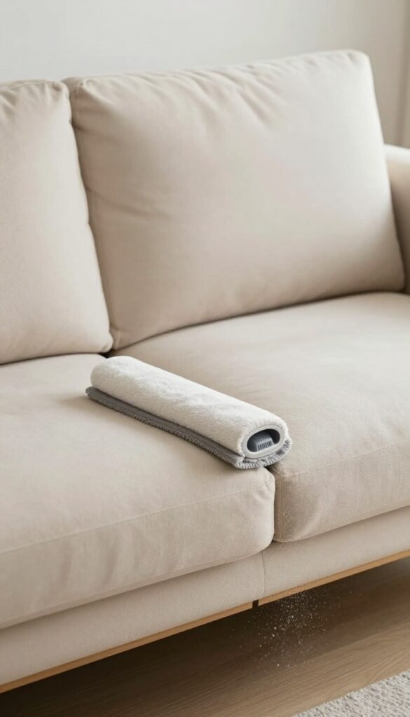 Cleaning baseboards behind furniture using a long flat microfiber duster without moving the sofa