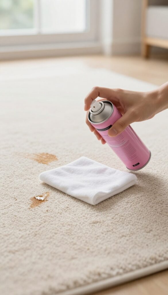 Spraying hairspray on an ink stain on a beige carpet