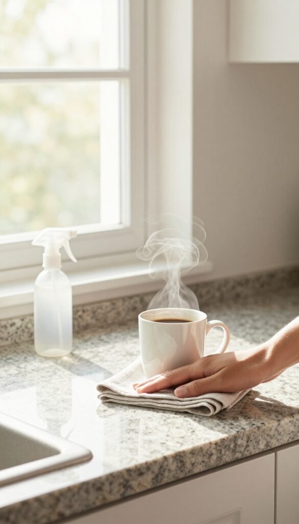 Person wiping kitchen counter while coffee brews in morning sunlight