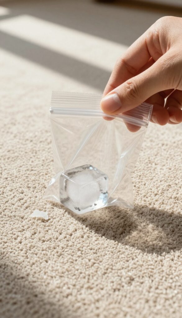 Ice cube in plastic bag pressed on gum stuck in beige carpet