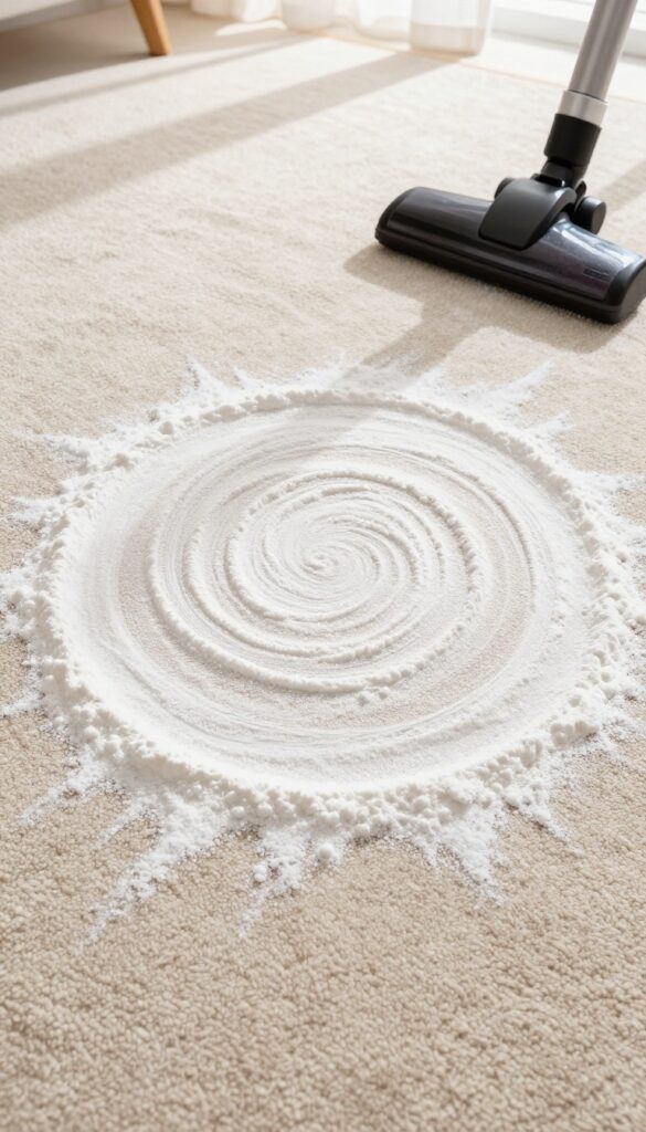 Close-up of baking soda sprinkled on beige carpet for deep odor removal, with soft natural light and a vacuum cleaner nearby.