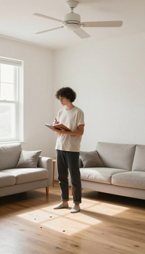 Person conducting a room-by-room audit with notepad in a bright living room, furniture pulled out revealing dust and lost items.