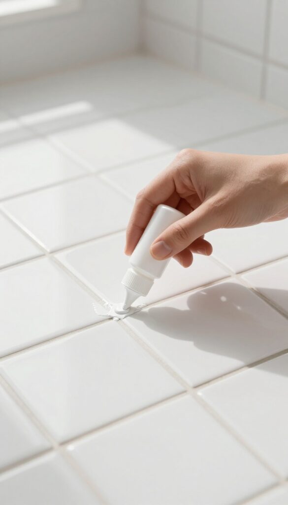 Hand applying grout paint to bathroom tile grout lines