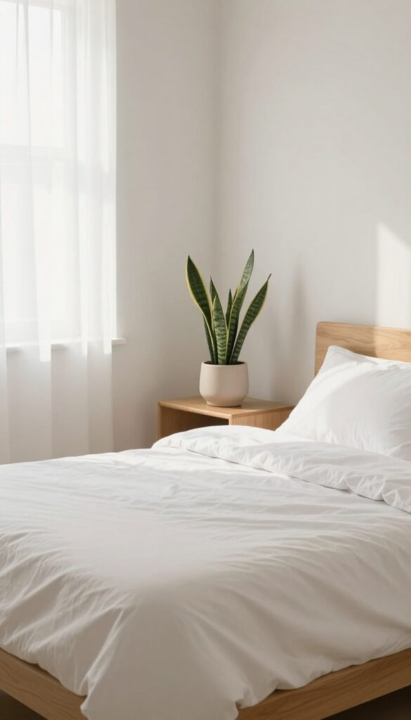 Clean bedroom with a small potted snake plant on a nightstand, natural light, organized and fresh