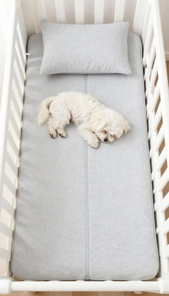 Custom-fitted zippered sheet on a crib mattress dog bed with a fluffy white dog sleeping on it