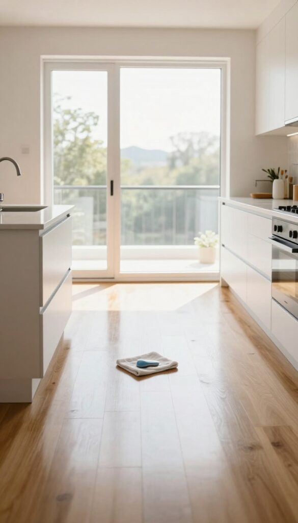 Dry microfiber mop sweeping hardwood floor in a bright kitchen
