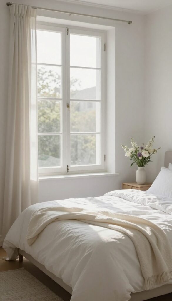 A neatly made bed in a bright, clean bedroom with sunlight and flowers.